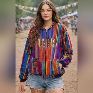 Handmade Serape Multicolor Western Bohemian Zip Up Jacket Size Large
